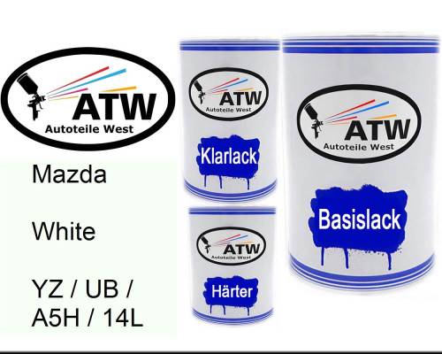 Mazda, White, YZ / UB / A5H / 14L: 500ml Lackdose + 500ml Klarlack + 250ml Härter - Set, von ATW Autoteile West.